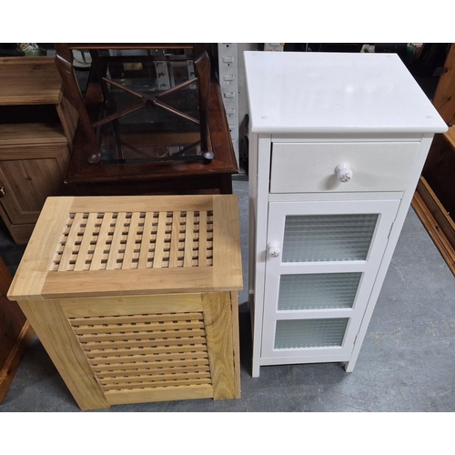 485 - Fine quality, tall thin white coloured storage cabinet together with a modern wooden storage bin (2)