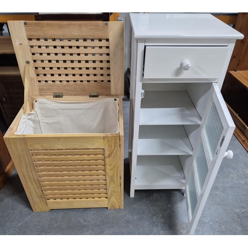 485 - Fine quality, tall thin white coloured storage cabinet together with a modern wooden storage bin (2)