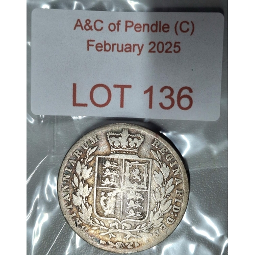 136 - 878 Queen Victoria, Young Head & Shield back, silver half crown,

approx 13.3 grams