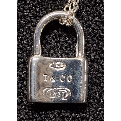 22 - Padlock pendant stamps T & Co 1837 on 925 stamped chain with box and pouch etc