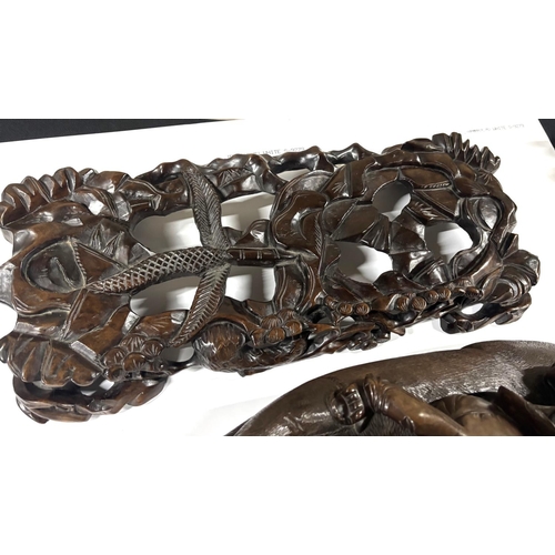 92 - Stunning, large, detailed 19thC hardwood carving of 2 Chinese men riding on the back of a water Buff... 