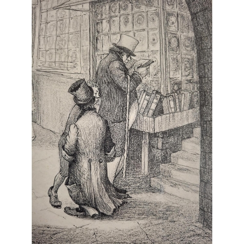 33 - Stunning unsigned Victorian pen and ink scene of a gentleman browsing outside a bookshop, possibly f... 