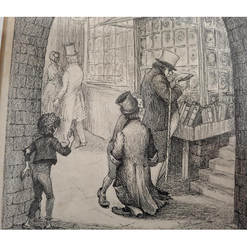 33 - Stunning unsigned Victorian pen and ink scene of a gentleman browsing outside a bookshop, possibly f... 