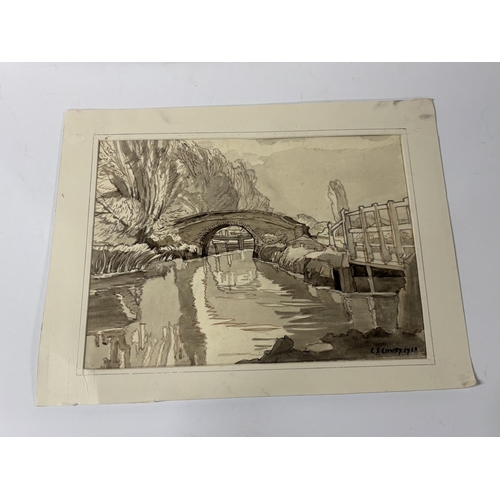 104 - Unframed but mounted monochrome watercolour wash depicting a bridge over a stream, bears signature a... 