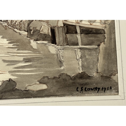 104 - Unframed but mounted monochrome watercolour wash depicting a bridge over a stream, bears signature a... 