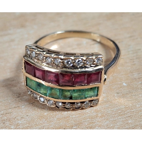 2 - Ladies yellow gold ring stamped 18kt with 2 central strips of 6 square cut Rubies and Emeralds flank... 