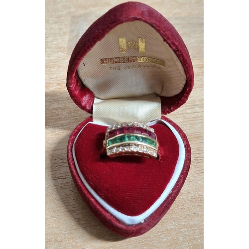 2 - Ladies yellow gold ring stamped 18kt with 2 central strips of 6 square cut Rubies and Emeralds flank... 