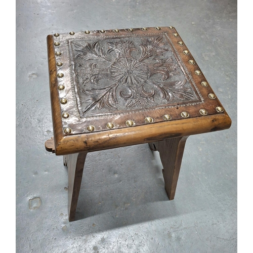 38 - Bespoke Edwardian Arts & Crafts Oak stool with beaten leather seat secured by original brass tacks