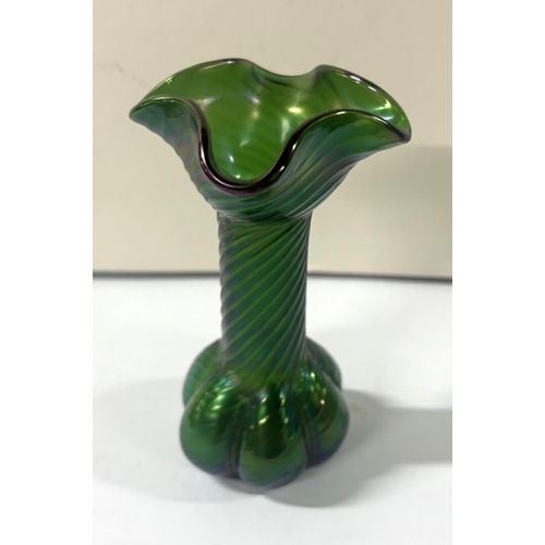 177 - Kralik Loetz style Iridescent Flower Bud Green Glass Vase c.1900,

14cm tall