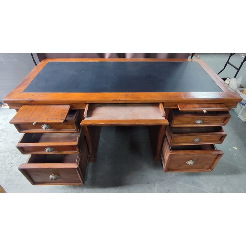 219 - Reclaimed, large pedestal desk with black leather top, three writing slopes above six drawers withe ... 