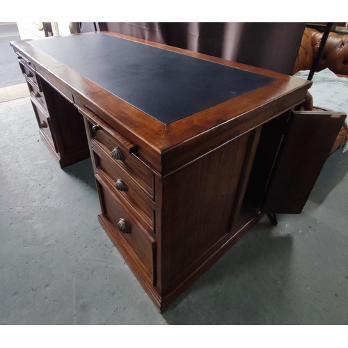 219 - Reclaimed, large pedestal desk with black leather top, three writing slopes above six drawers withe ... 