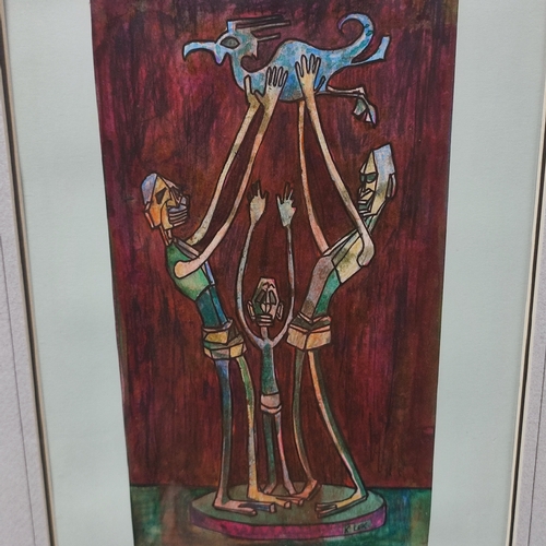 260 - Karel Lek, mixed media, possible sacrificial scene, figures holding an animal, 31 x 17cm