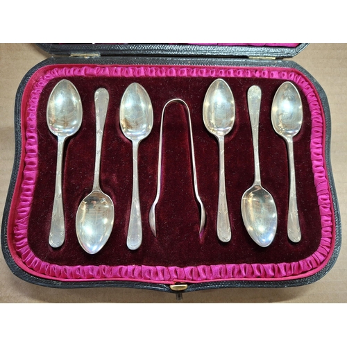 18 - Set of 6 hallmarked 1906 Sheffield silver tea spoons together with a sugar nip in a fine quality Wil... 