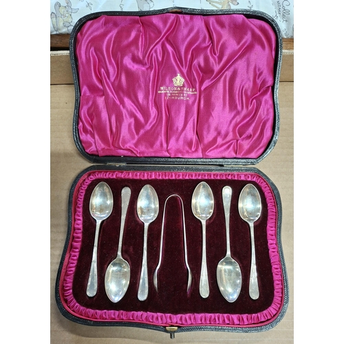 18 - Set of 6 hallmarked 1906 Sheffield silver tea spoons together with a sugar nip in a fine quality Wil... 