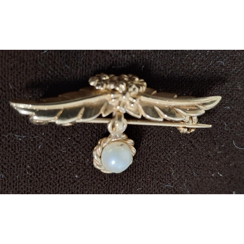 41 - Hallmarked 9ct yellow gold brooch with floral and grape bunch decoration above a drop pearl together... 