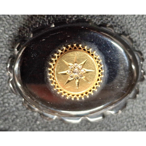 44 - Collection of seven antique brooches and an old jewellery box, the brooches include a jet mourning b... 