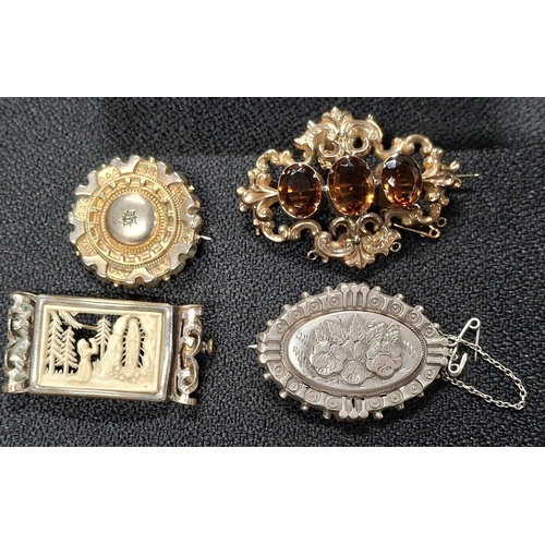 44 - Collection of seven antique brooches and an old jewellery box, the brooches include a jet mourning b... 