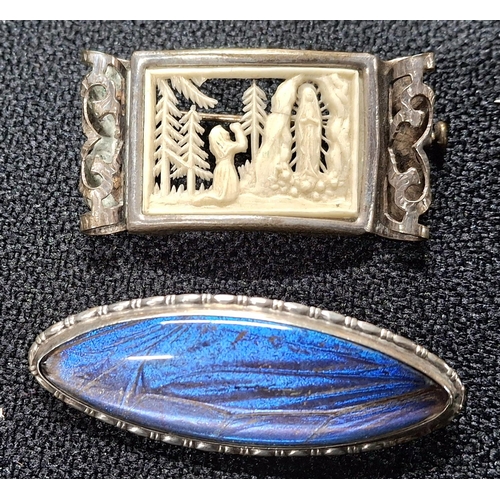 44 - Collection of seven antique brooches and an old jewellery box, the brooches include a jet mourning b... 