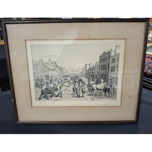 173 - Kenneth Johnstone, early 20thC pencil signed etching depicting a busy British town scene on market d... 