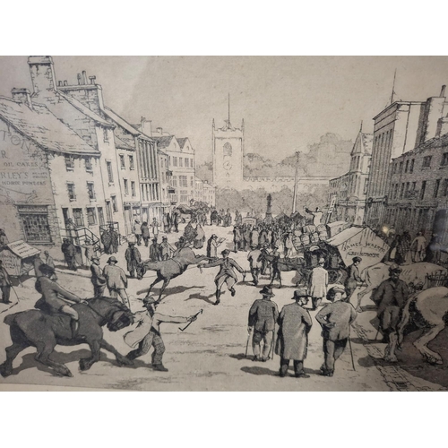 173 - Kenneth Johnstone, early 20thC pencil signed etching depicting a busy British town scene on market d... 