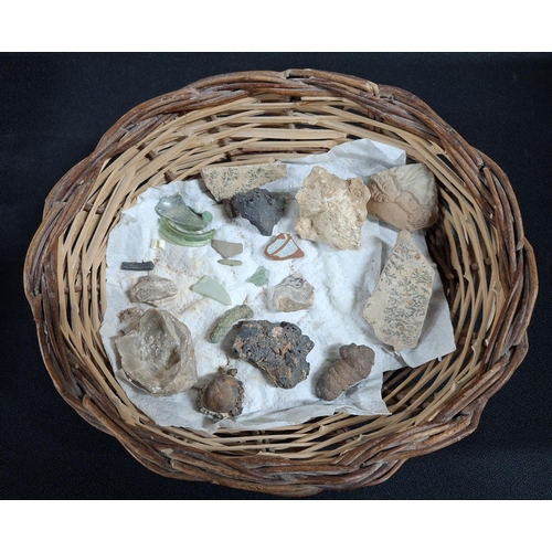 372 - Basket containing an interesting collection of mainly Roman items to include glass chards, metal ite... 