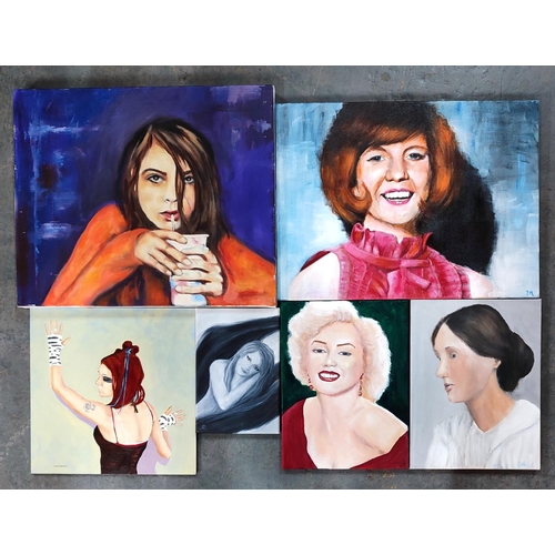 434 - Six various unframed oil on canvas all depicting various women signed by different artists (6)