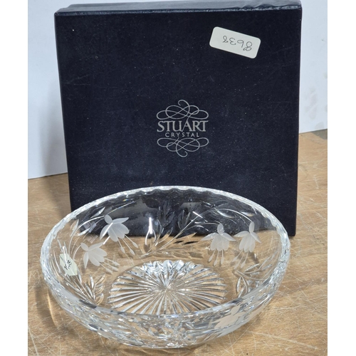 498 - Boxed Stuart cut-glass fruit bowl and 2 further cut-glass vases (3)