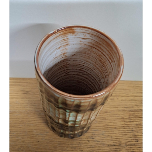 531 - Llangollen pottery tubular vase, marked to base and with paper label