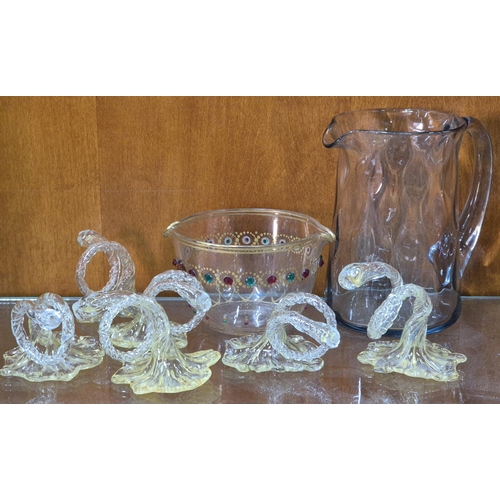 534 - Six Glory Art Glass English Servette holders together with a Whitefriers jug etc