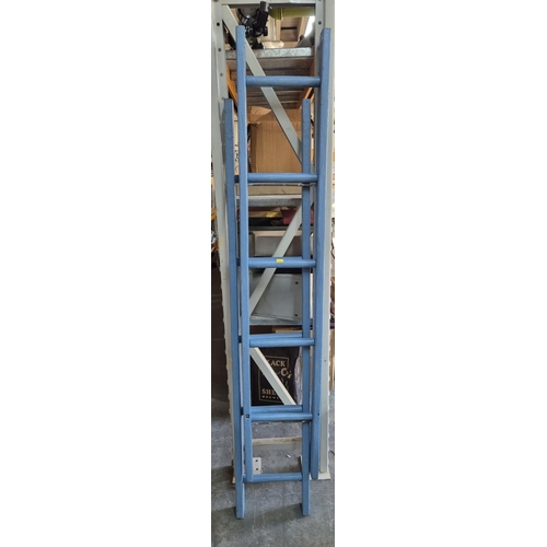 629 - Old blue painted wooden double ladders