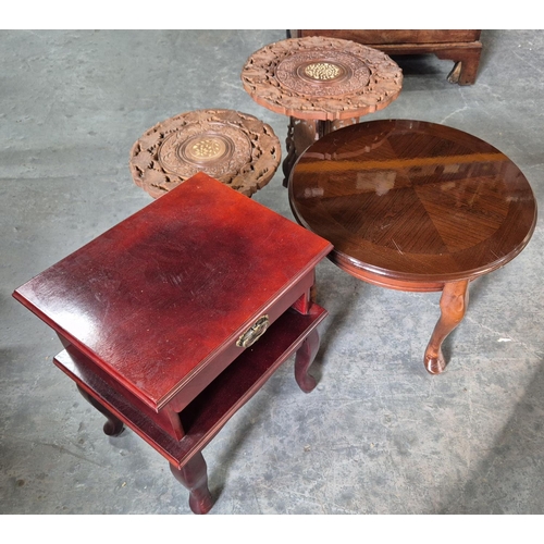 659 - Four small, wooden side-tables to include 2 carved foldaway Indian examples (4)