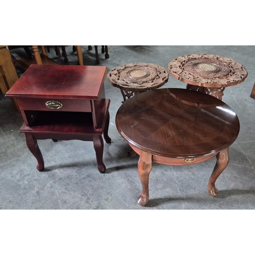 659 - Four small, wooden side-tables to include 2 carved foldaway Indian examples (4)