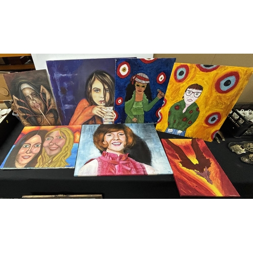 253 - Seven oil on boards including a portrait of Cilla Black and other ladies together with a painting of... 