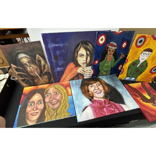 253 - Seven oil on boards including a portrait of Cilla Black and other ladies together with a painting of... 