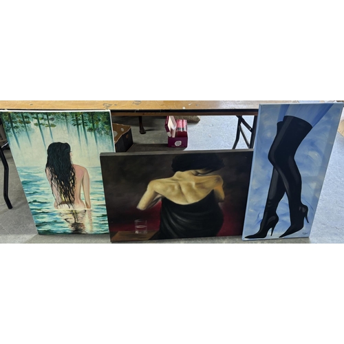 254 - Three large oils on canvas including one well painted example depicting a lady from behind, all unfr... 
