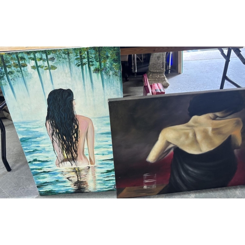 254 - Three large oils on canvas including one well painted example depicting a lady from behind, all unfr... 