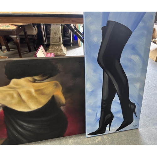 254 - Three large oils on canvas including one well painted example depicting a lady from behind, all unfr... 