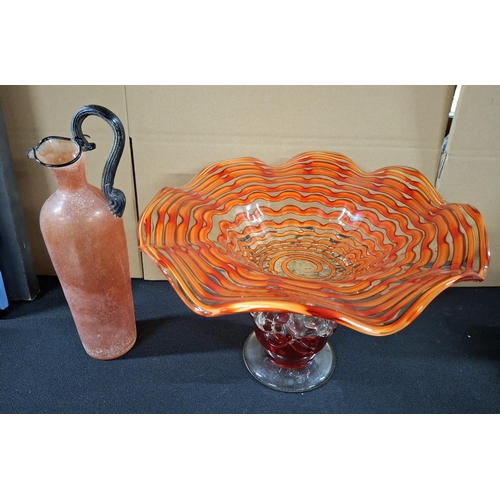 380 - Large orange glass table centre-piece together with an Italian Gambaro & Poggi of Murano glass jug (... 
