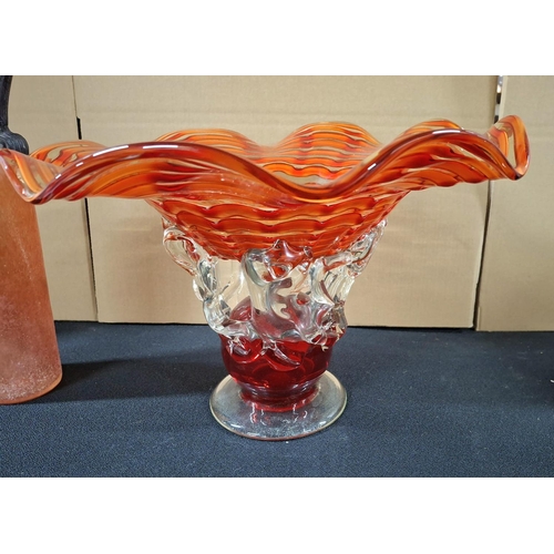 380 - Large orange glass table centre-piece together with an Italian Gambaro & Poggi of Murano glass jug (... 
