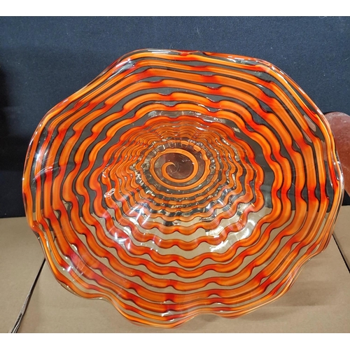 380 - Large orange glass table centre-piece together with an Italian Gambaro & Poggi of Murano glass jug (... 