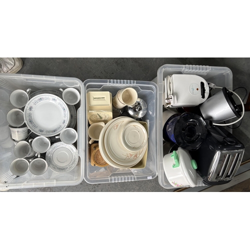 385 - 3 Boxes of ceramics and electronics including Crown Ming tea set with toaster etc