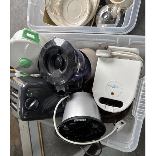 385 - 3 Boxes of ceramics and electronics including Crown Ming tea set with toaster etc