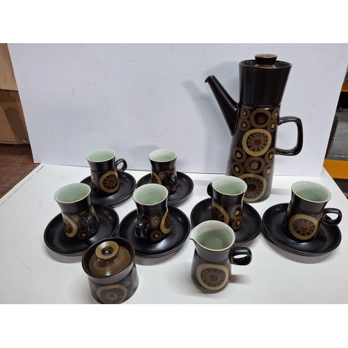 391 - Retro Denby coffee set with tall coffee pot, lidded sugar bowl, cream jug and six cups and saucers