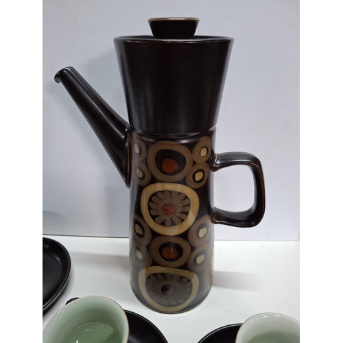 391 - Retro Denby coffee set with tall coffee pot, lidded sugar bowl, cream jug and six cups and saucers