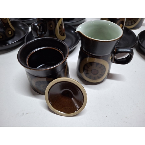 391 - Retro Denby coffee set with tall coffee pot, lidded sugar bowl, cream jug and six cups and saucers