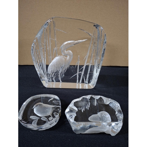 397 - Three various Mats Jonasson signed bird, Seal and large wading bird paper weights (3)