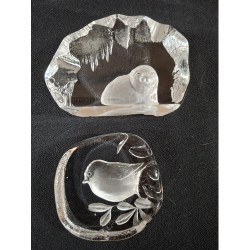 397 - Three various Mats Jonasson signed bird, Seal and large wading bird paper weights (3)