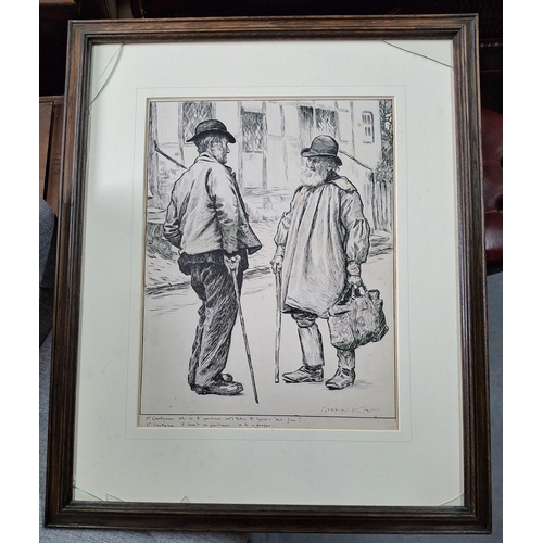 252 - Large William Gunning King (1859-1940) pen & ink study of 2 country man talking in the street with c... 