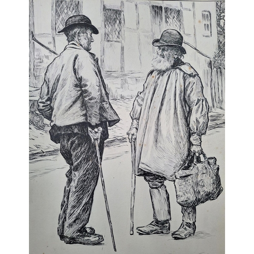 252 - Large William Gunning King (1859-1940) pen & ink study of 2 country man talking in the street with c... 
