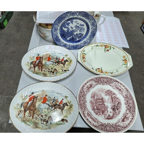 123 - Five large antique plates by Old Willow, Meakin etc (5)